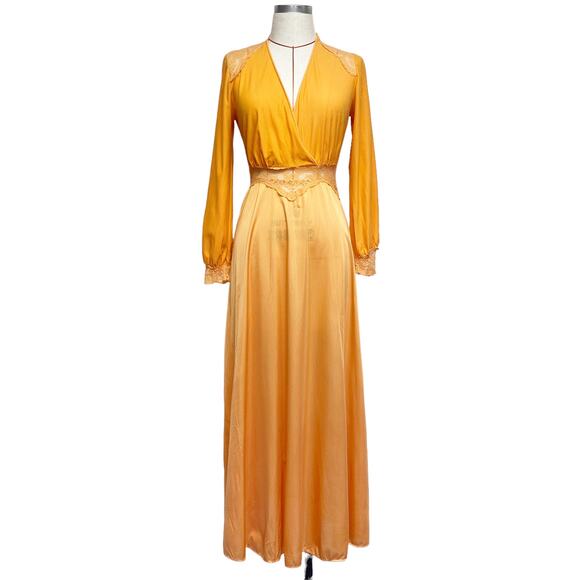 Vintage Womens Orange Lace Detail Long Sleeve Maxi Slip Dress - Picture 1 of 9